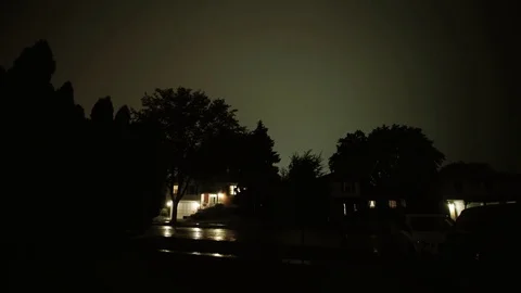 Rain in the night with lightning in the suburbs Stock Footage 81195537