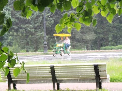 Rain in the Park, view from behind a bench, a couple riding a four-wheeled Bi Stock Photos