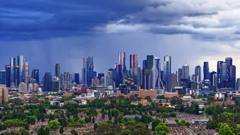 Rain Passing over City, Melbourne, Australia - Drone Footage Video stock 258317963