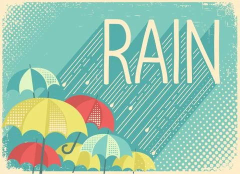 Rain poster background with stylish text and umbrellas Stock Illustration