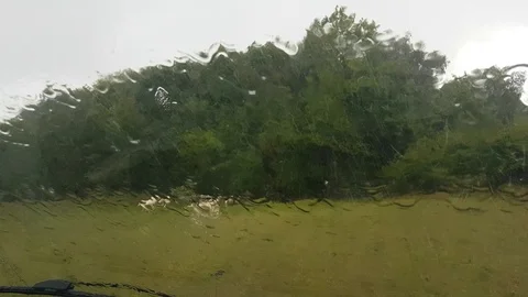 Rain pouring down the a vehicle windscreen with sheep in a field Stock Footage 95813204