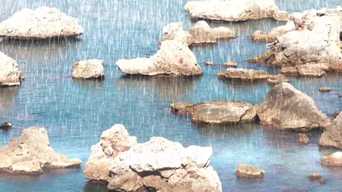 Rain Pouring on Sandy Beach and Rough Sea Stock Footage 325331173