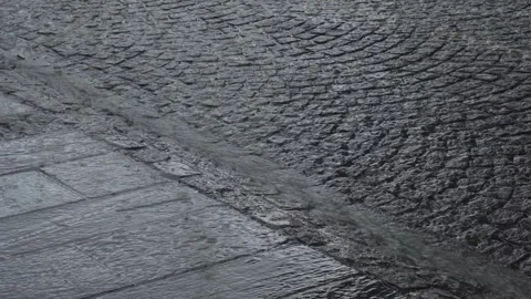 Rain Pours Down Along The Old Town With Cobblestone Streets In Bergen, Norway Stock Footage 312190154