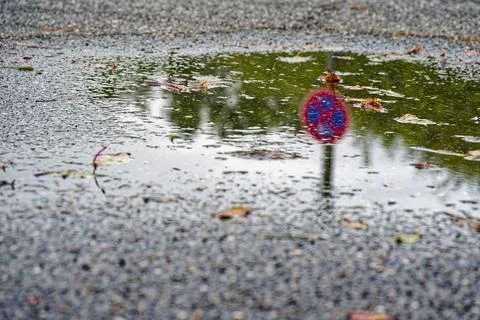 Rain puddle on asphalt reflecting no parking street sign Stock Photos