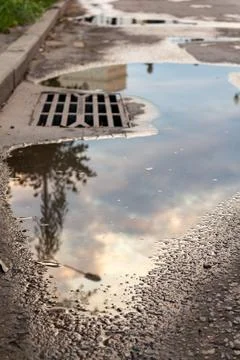 Rain puddle on asphalt road reflecting sky and trees near city storm drain Stock Photos