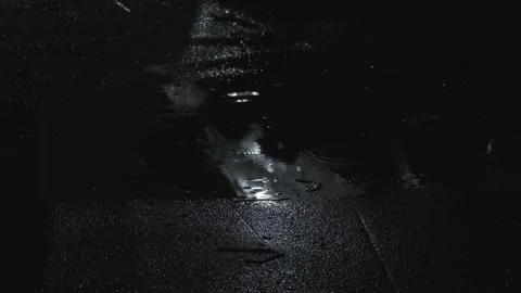 Rain puddle at night with ripples and reflections, dark moody urban scene h.. Stock Footage 333779380