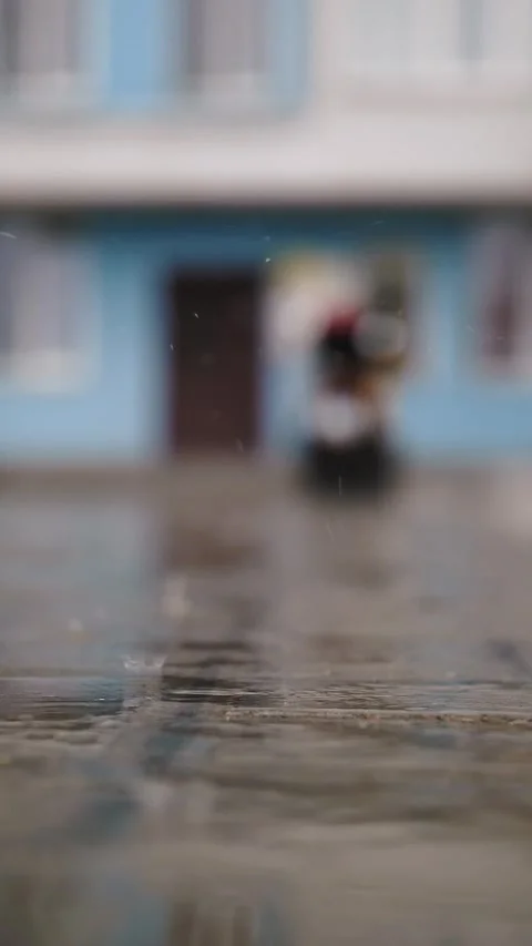 Rain, puddles. raining in the yard. close-up. raindrops fall into puddles with Stock Footage 317532361