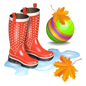 Rain red gumboots with dots in puddle, green children's toy ball and leaves Stock Illustration