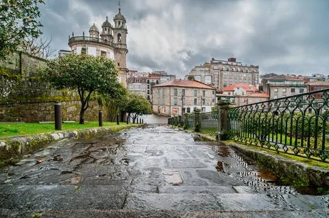 Rain reflecting on old stone steps in Pontevedra 库存照片
