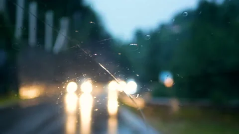 Rain road autumn evening light car Stock Footage 115542210