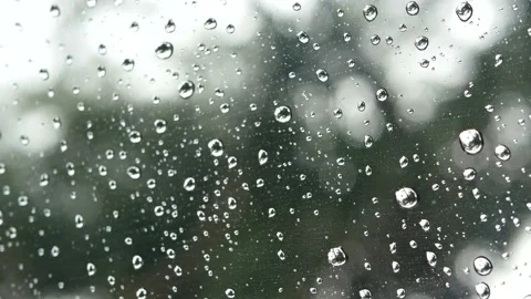 Rain running up on clear window glass surface with green tree Stock Footage 133798813