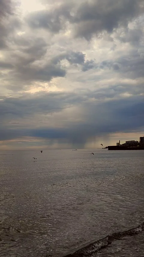 Rain sea Rain falling sea Cloudy rainy stormy weather Dark rainy clouds Vertical Stock Footage 322201022