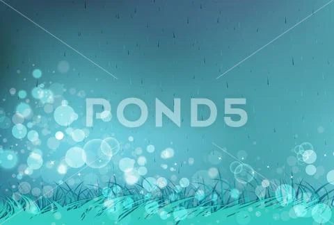 Rain season, falling of water with grass field blurry Bokeh stars scatter Stock Illustration