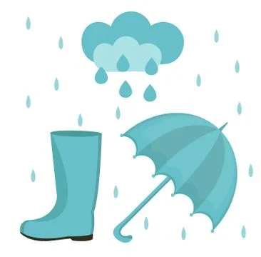 Rain set of flat or cartoon style. Autumn collection with umbrella, cloud, ru Stock Illustration