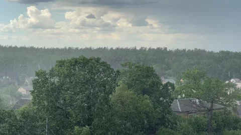 Rain Shower Over Green Forest and Houses on a Cloudy Day Видео 335461646