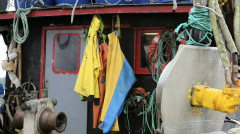 Rain Slickers and Gear on Deck of Fishing Boat in Charleston Boat Harbor, Oregon Video stock 838244