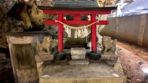 Rain-Soaked Red Torii Gate Illuminated at Night in Naha, Okinawa Stock Footage 299975377