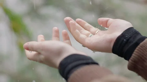 Rain splashes against a young woman's hands, slow motion. Wooded backdrop. Stock Footage 101708438