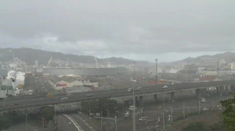 Rain squall over railyards timelapse Stock Footage 750735