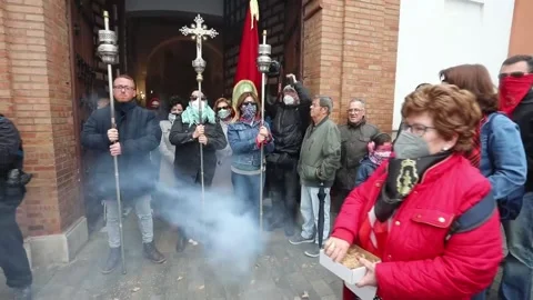Rain stops and 120,000 firecrackers celebrate Risen Christ in Cúllar Vega (Grana Stock Footage 270423269