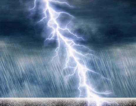 Rain storm background with lightning in cloudy weather Stock Illustration