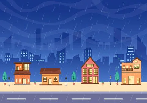 Rain Storm Background Vector Illustration at Rainy Weather with Scenery Citys Stock Illustration