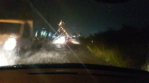 Rain Storm Driving Big Splash Flood Weather Pov Stock Footage 82086597