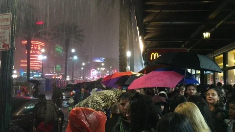 Rain storm during Mardi Gras 2018 Stockbeeldmateriaal 101502735