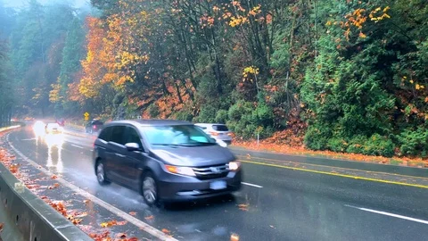 Rain Storm Highway Slow Motion Road Traffic Driving, Bad Wet Weather Drive Stock Footage 100046716