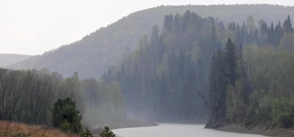 Rain in the taiga over the river. Cloudy weather in forest. Stock Photos
