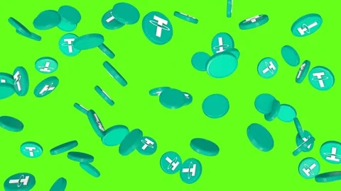 Rain of Tether  coins on green screen. 3D animation. Stablecoins concept. Stock Footage 313936385