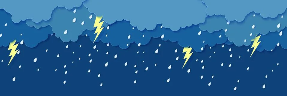 Rain thunder lightning and clouds in the paper cut style. Vector storm weather Illustrazione stock
