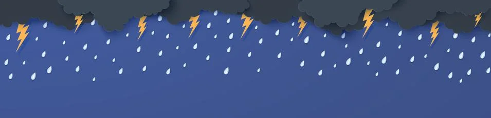 Rain thunder lightning and clouds in the paper cut style. Vector storm weather Illustrazione stock