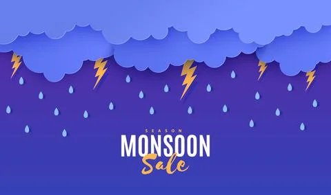 Rain thunder lightning and clouds in the paper cut style. Vector storm weather Illustrazione stock