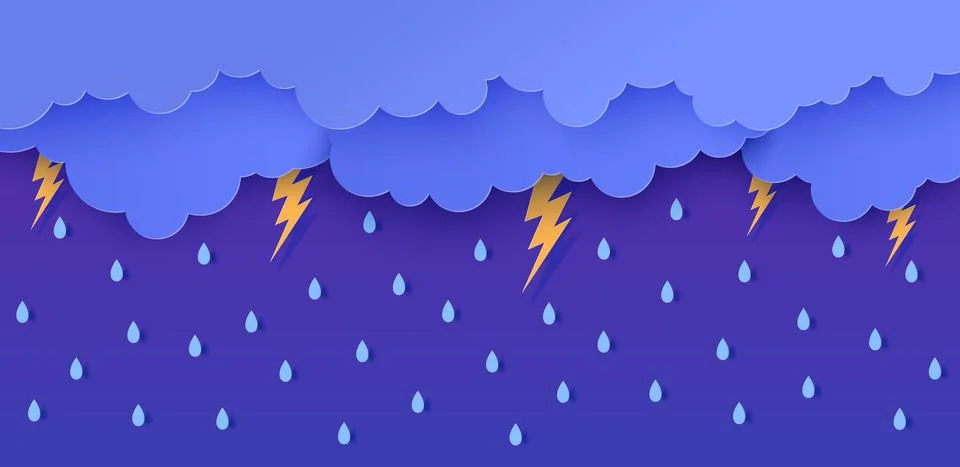 Rain thunder lightning and clouds in the paper cut style. Vector storm weather Illustrazione stock
