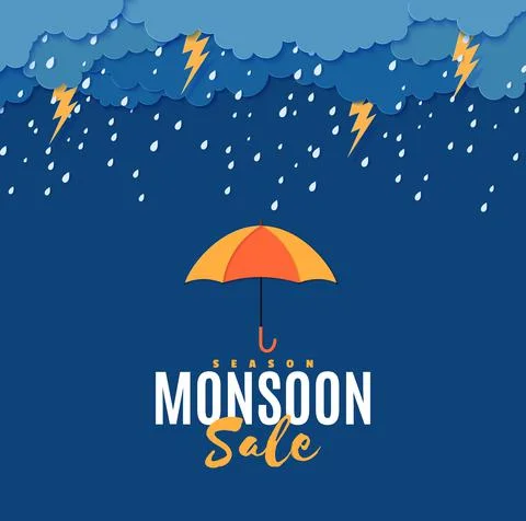 Rain thunder lightning umbrella and clouds in the paper cut style. Vector storm Illustrazione stock