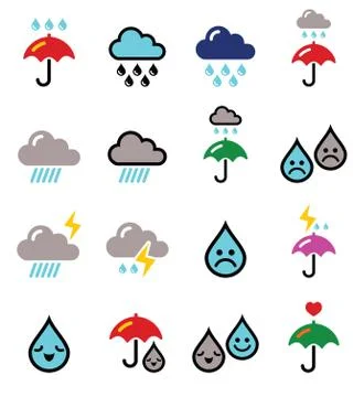 Rain, thunderstorm, heavy clouds  vector icons set Stock Illustration