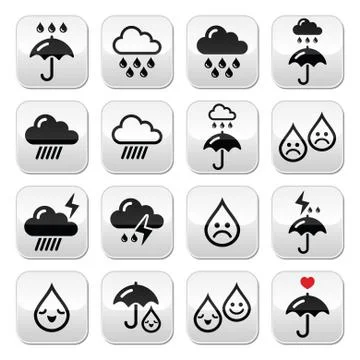 Rain, thunderstorm, heavy clouds  vector buttons set Stock Illustration