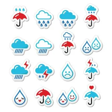 Rain, thunderstorm, heavy clouds  vector icons set Stock Illustration