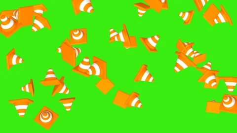 Rain of traffic cones on a green background. 3D animation of a transport sign. Stock Footage 308475818