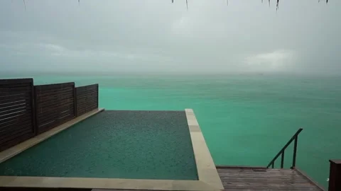 Rain on a tropical island overlooking the pool Video stock 293281048