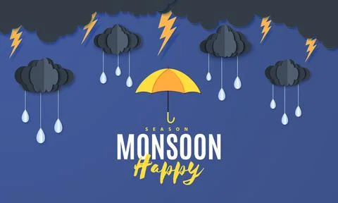 Rain umbrella and clouds in the paper cut style. Vector storm weather concept Stock Illustration