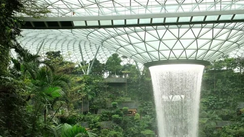 Rain Vortex and Tropical Greenery at Jewel Changi Airport with Copy Space Stockbeeldmateriaal 342249895