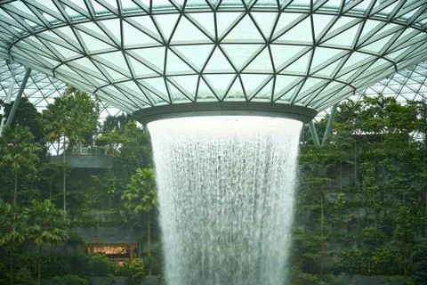 Rain vortex cascading inside jewel changi airport surrounded by lush greenery Stock Photos