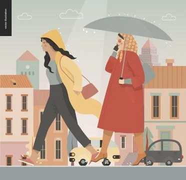 Rain - walking people Stock Illustration