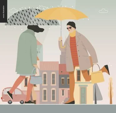 Rain - walking people Stock Illustration