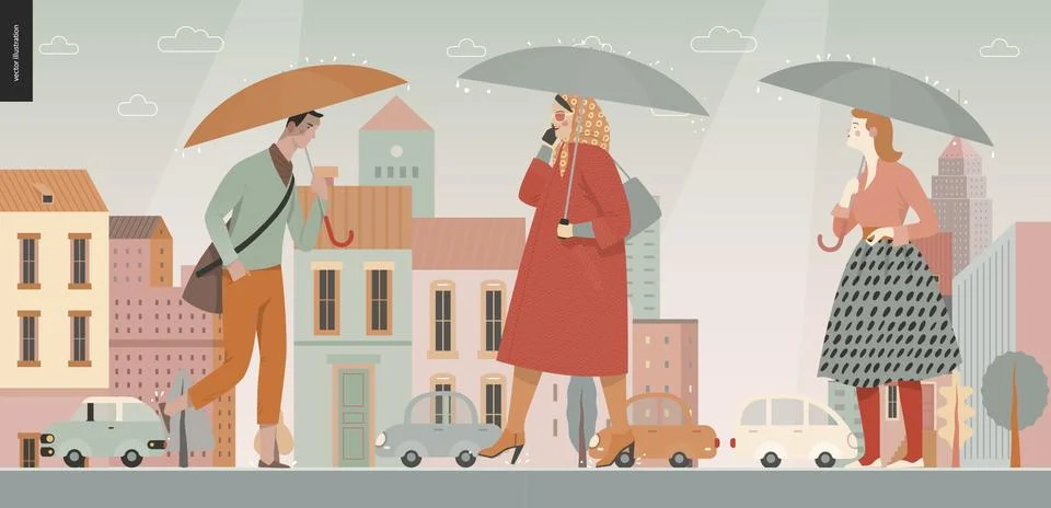 Rain - walking people Stock Illustration