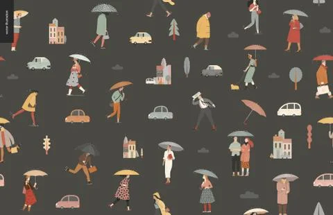 Rain - walking people seamless pattern Stock Illustration