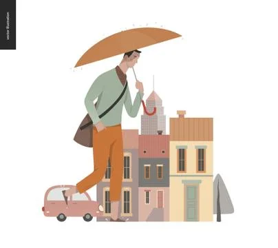 Rain - walking young man Stock Illustration