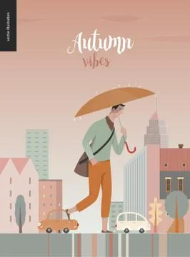 Rain - walking young man Stock Illustration